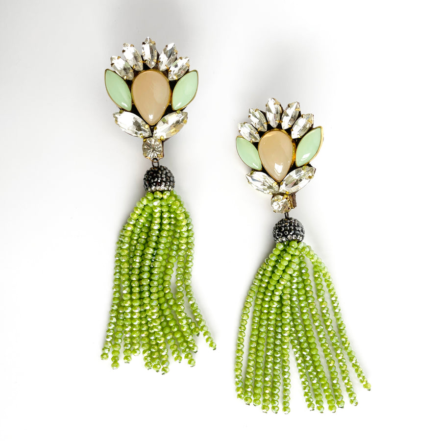 Crystal tassel Green Earrings